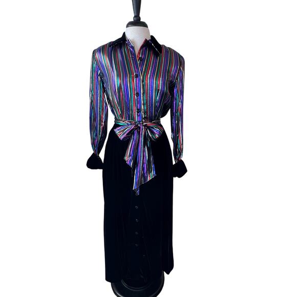 Christa New York Vintage Metallic Striped Velvet Gown Maxi Shirt Dress Size 10 - Picture 1 of 16